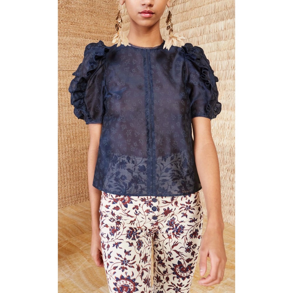 Ulla Johnson Aria Blouse Ruffle Puff Sleeve Midnight Navy Blue Size 0 Silk Blend